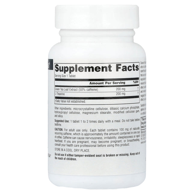 Source Naturals Caffeine + L-Theanine, 60 Tablets - supplement facts and ingredients label
