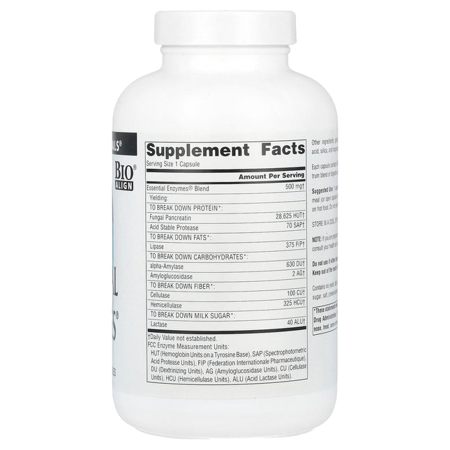 Source Naturals Daily Essential Enzymes bottle back label with supplement facts and ingredients