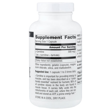 Source Naturals L-Carnitine, 500 mg 120 Capsules - back label with supplement facts and ingredients