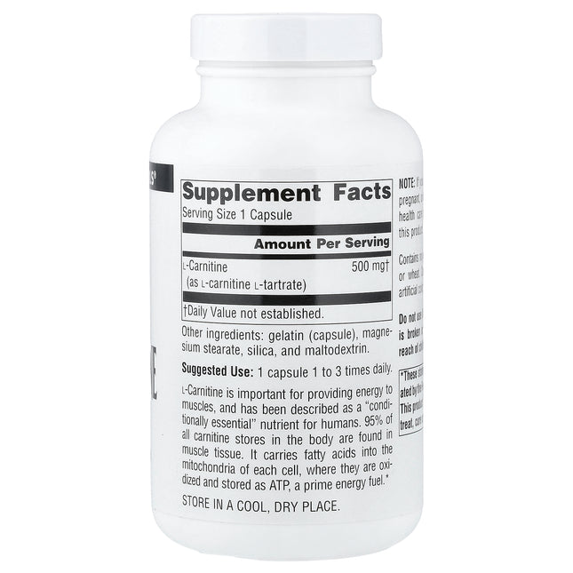 Source Naturals L-Carnitine, 500 mg 120 Capsules - back label with supplement facts and ingredients