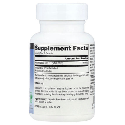 Source Naturals NSK-SD Nattokinase 100mg 30 Vegan Capsules supplement facts back label