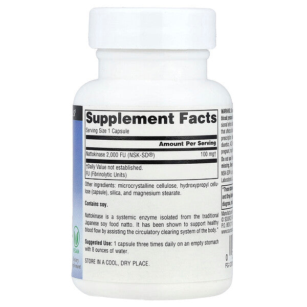 Source Naturals NSK-SD Nattokinase 100mg 30 Vegan Capsules supplement facts back label
