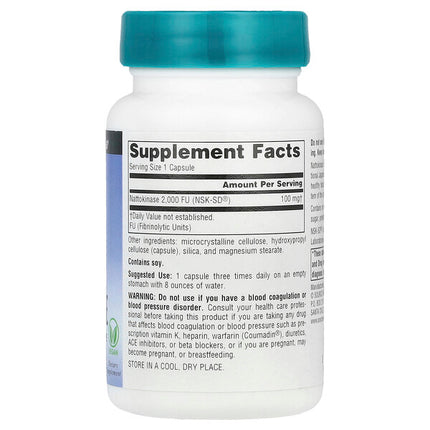 Source Naturals NSK-SD Nattokinase 100mg 60 Vegan Capsules supplement facts back label