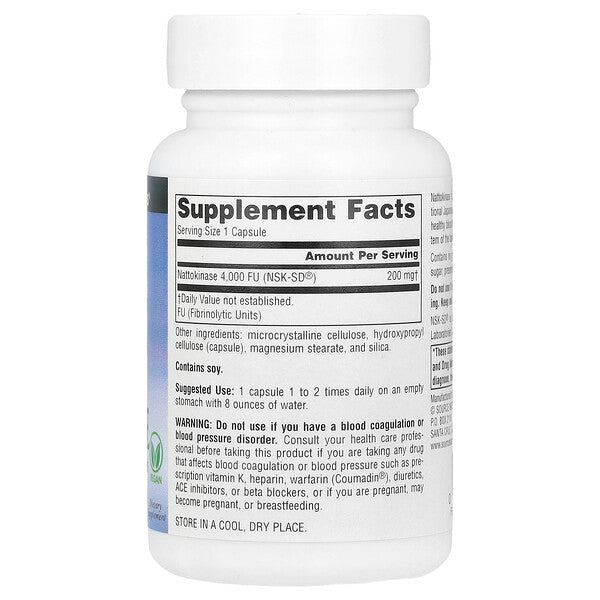 Source Naturals NSK-SD Nattokinase 200mg 60 Vegan Capsules supplement facts back label
