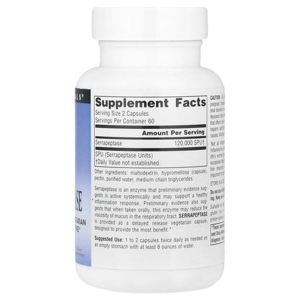 Source Naturals Serrapeptase 60,000 SPU 120 Capsules bottle, back label with supplement facts