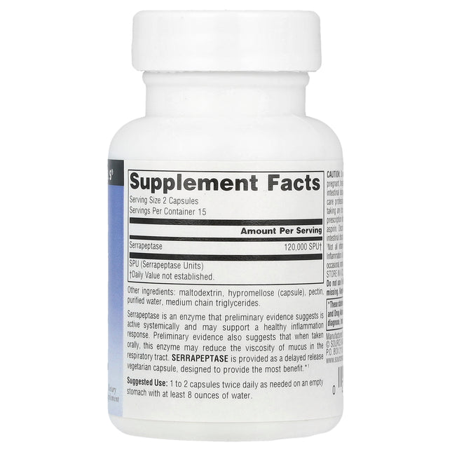 Source Naturals Serrapeptase 60,000 SPU 30 Capsules bottle, back label with supplement facts