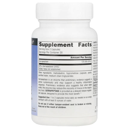 Source Naturals Serrapeptase 60,000 SPU 60 Capsules bottle, back label with supplement facts