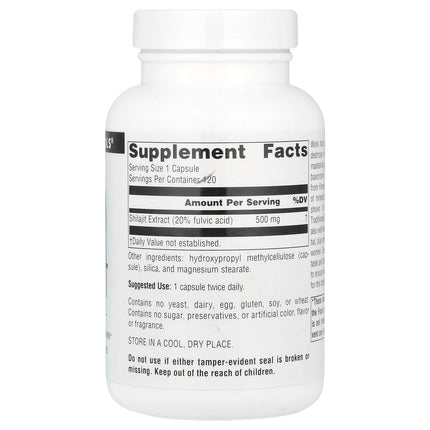 Source Naturals Shilajit Extract 500 mg 120 Vegan Capsules - back of bottle with supplement facts