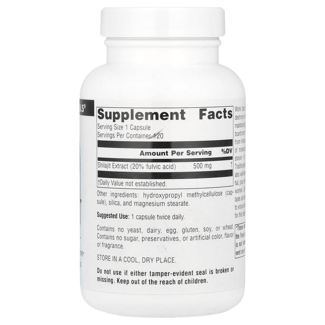 Source Naturals Shilajit Extract 500 mg 120 Vegan Capsules - back of bottle with supplement facts