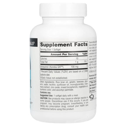 Source Naturals ubiquinol CoQH 100 mg 60 softgel bottle showing supplement facts and ingredients