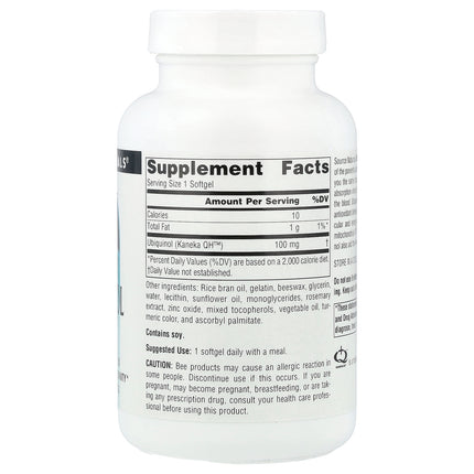 Source Naturals ubiquinol CoQH 100 mg 90 softgel bottle showing supplement facts and ingredients