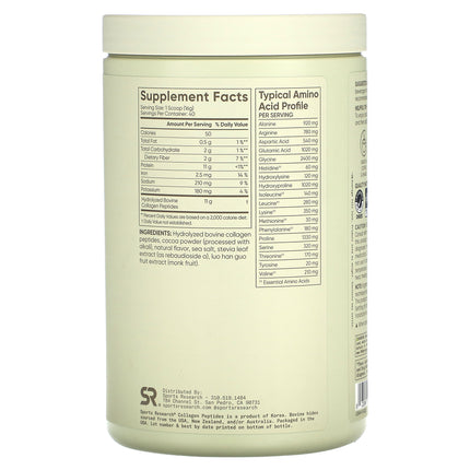 Sports Research Collagen Peptides, Dark Chocolate - Back label with supplement facts and ingredients