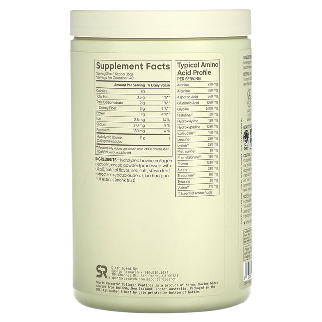 Sports Research Collagen Peptides, Dark Chocolate - Back label with supplement facts and ingredients