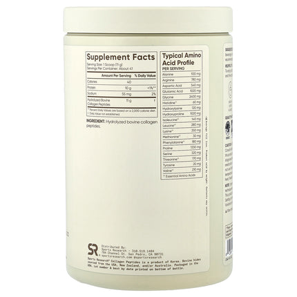 Sports Research Collagen Peptides, Unflavoured - Back label with supplement facts and ingredients