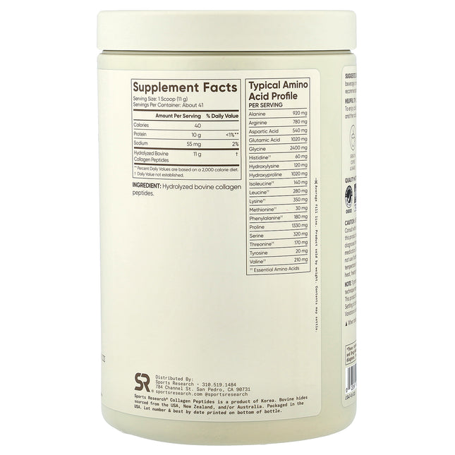Sports Research Collagen Peptides, Unflavoured - Back label with supplement facts and ingredients