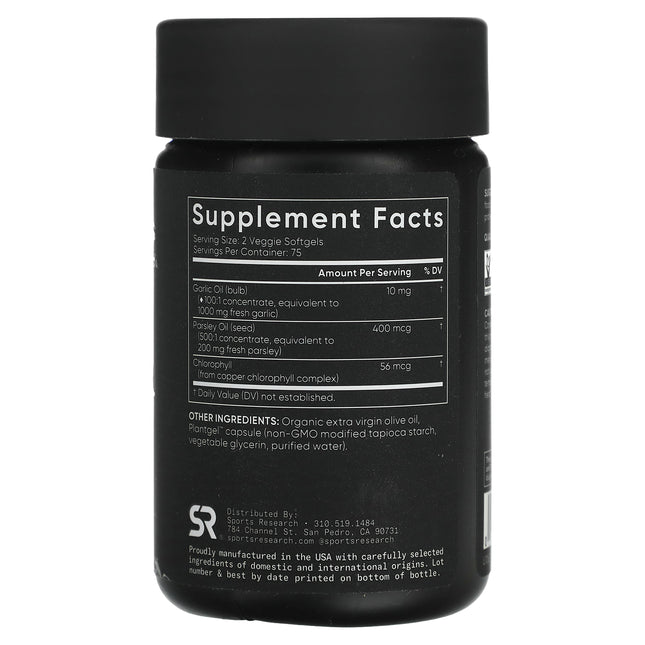 Sports Research Garlic Oil Plant-Based 150 Veggie Softgels - back label with Supplement Facts