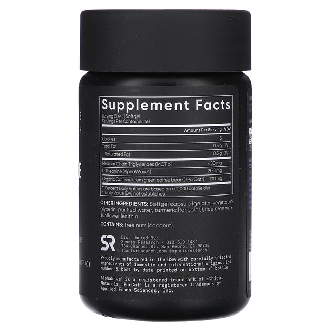 Sports Research L-Theanine & Caffeine, 2-in-1 Formula, 60 Softgels - supplement facts and ingredients label
