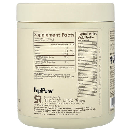 Sports Research Organic Collagen Peptides, Matcha - Back label with supplement facts and ingredients