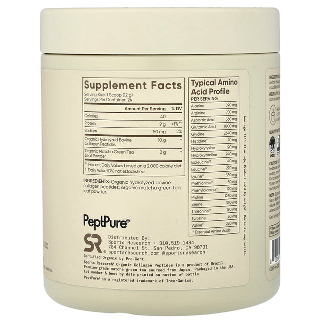 Sports Research Organic Collagen Peptides, Matcha - Back label with supplement facts and ingredients