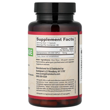 Sunergetic Serrapeptase 18 mg per capsule 90 Capsules bottle, back label with supplement facts