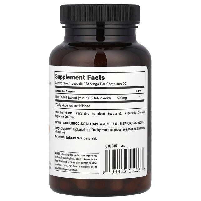 Sunfood Shilajit 500 mg 90 Capsules - back of bottle with supplement facts