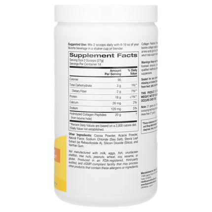 Super Nutrition Collagen Peptides, Chocolate - Back label with supplement facts and ingredients