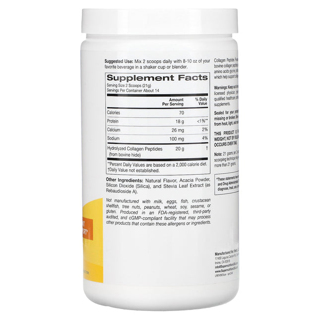 Super Nutrition Collagen Peptides, Vanilla - Back label with supplement facts and ingredients