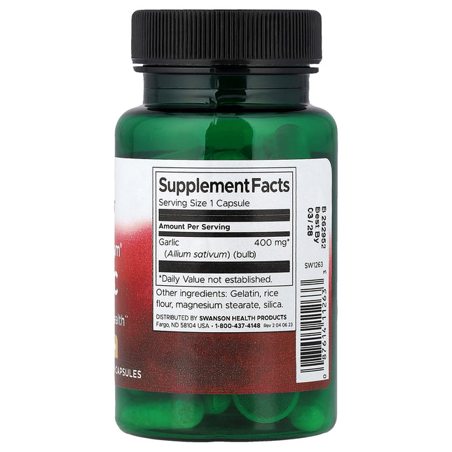 Swanson Vitamins Full Spectrum Garlic 400 mg 60 Capsules - back label with Supplement Facts