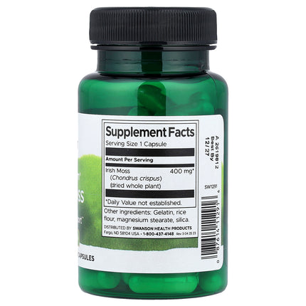 Swanson Full Spectrum Irish Moss 400 mg 60 capsules back label with supplement facts and ingredients