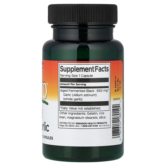 Swanson Vitamins Kyoto Aged Black Garlic 30 Capsules - back label with Supplement Facts