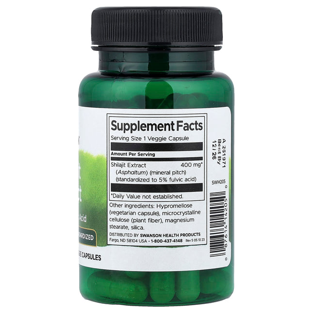 Swanson Vitamins Shilajit Extract Standardized 400 mg 60 Veggie Capsules - back of bottle with supplement facts