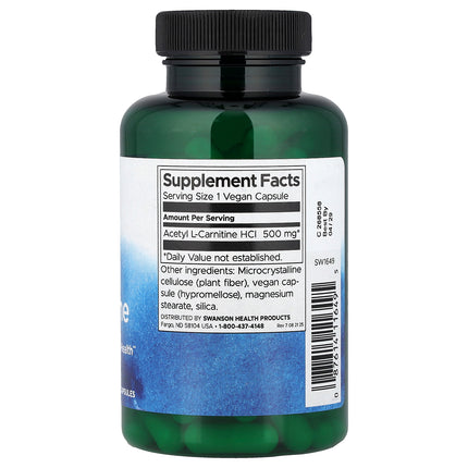 Swanson Vitamins Acetyl L-Carnitine, 500 mg 100 Vegan Capsules - back label with supplement facts and ingredients