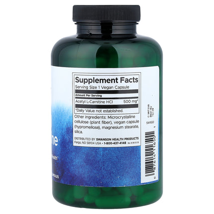 Swanson Vitamins Acetyl L-Carnitine, 500 mg 240 Vegan Capsules - back label with supplement facts and ingredients