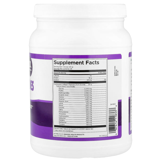Swanson Vitamins Collagen Peptides, Unflavoured - Back label with supplement facts and ingredients