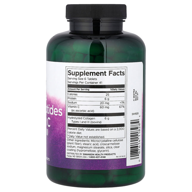 Swanson Vitamins Hydrolysed Collagen Peptides + Vitamin C - Back label with supplement facts and ingredients