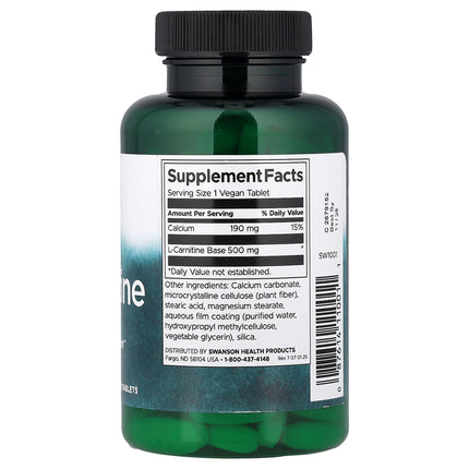 Swanson Vitamins L-Carnitine 100 Vegan Tablets - back label with supplement facts and ingredients