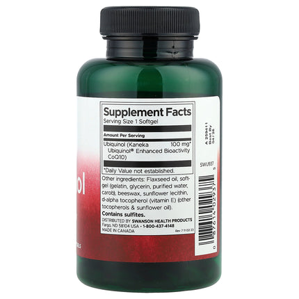 Swanson ubiquinol 100 mg 120 softgel bottle showing supplement facts and ingredients