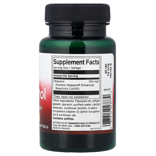 Swanson ubiquinol 100 mg 60 softgel bottle showing supplement facts and ingredients
