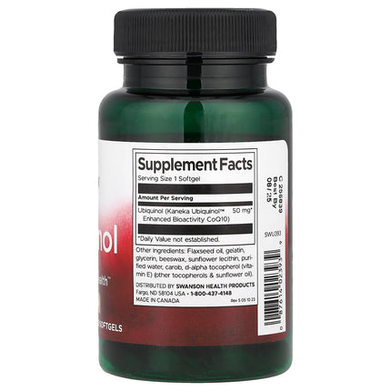 Swanson ubiquinol 50 mg bottle showing supplement facts and ingredients