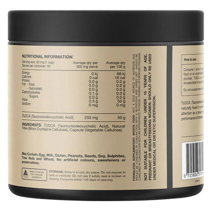 Nutritional information panel for Switch Nutrition TUDCA showing 250mg per capsule and vegan ingredients