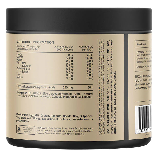 Nutritional information panel for Switch Nutrition TUDCA showing 250mg per capsule and vegan ingredients