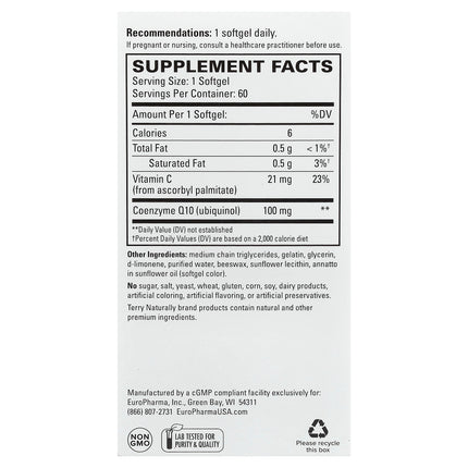 Back of the Terry Naturally bioactive ubiquinol 100 mg box showing supplement facts and ingredients