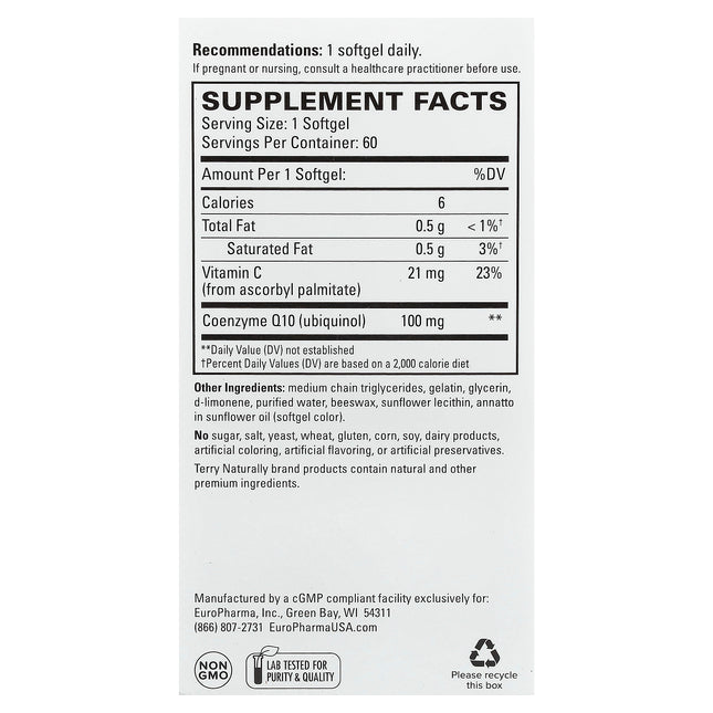 Back of the Terry Naturally bioactive ubiquinol 100 mg box showing supplement facts and ingredients