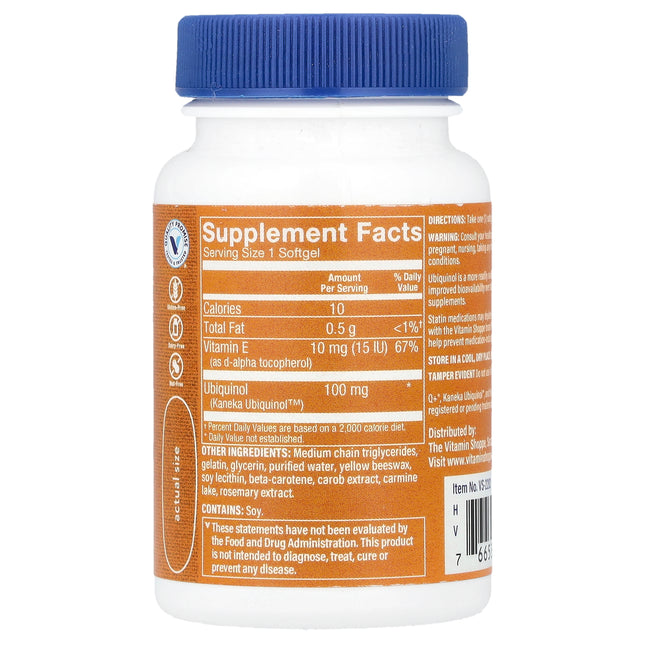 The Vitamin Shoppe ubiquinol CoQ-10 100 mg 30 softgel bottle showing supplement facts and ingredients