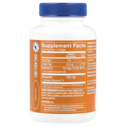 The Vitamin Shoppe ubiquinol CoQ-10 100 mg 60 softgel bottle showing supplement facts and ingredients