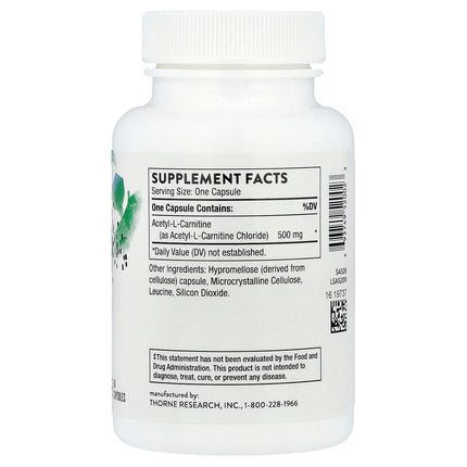 Thorne Acetyl L-Carnitine, 500 mg 60 Capsules - back label with supplement facts and ingredients