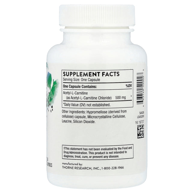 Thorne Acetyl L-Carnitine, 500 mg 60 Capsules - back label with supplement facts and ingredients