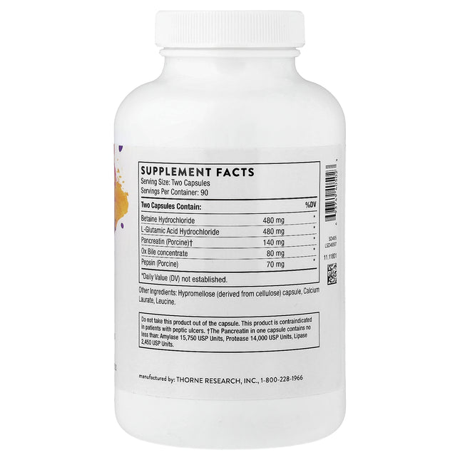 Thorne Advanced Digestive Enzymes bottle back label with supplement facts and ingredients