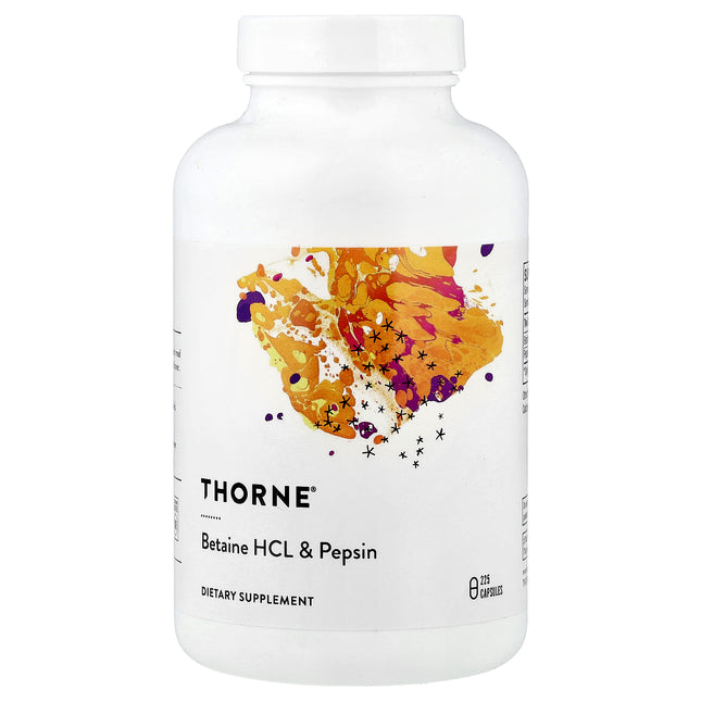 Thorne Betaine HCl & Pepsin 225 capsules bottle, front of pack