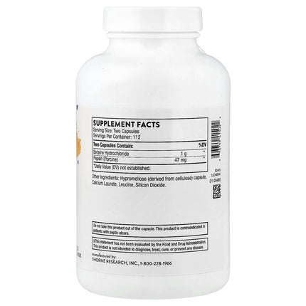 Thorne Betaine HCl & Pepsin bottle back label with supplement facts and ingredients